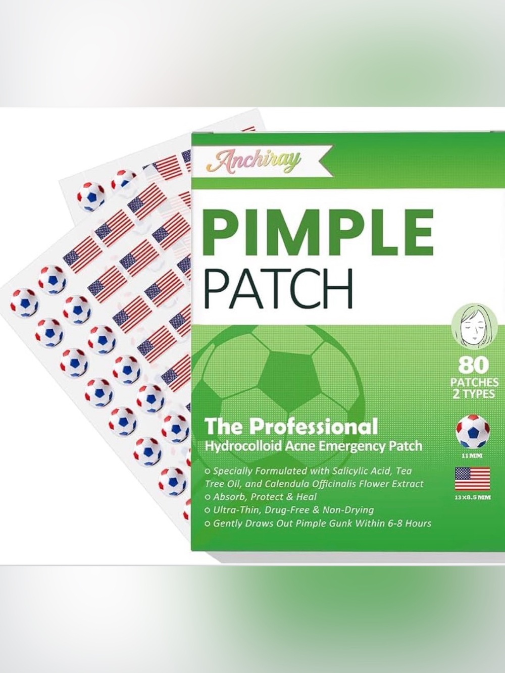 Pimple Patch Acne Patches - White/Blue/Red Soccer & Flag Designs, 80 patches